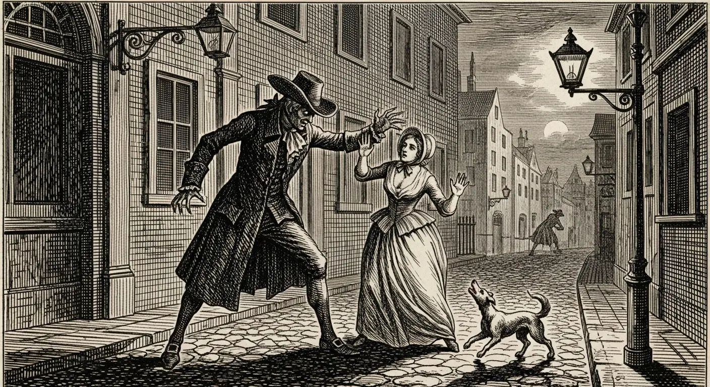 A shadowy, 18th-century illustration depicting the London Monster accosting a woman on a dark London street, capturing the fear and mystery of the historical panic.
