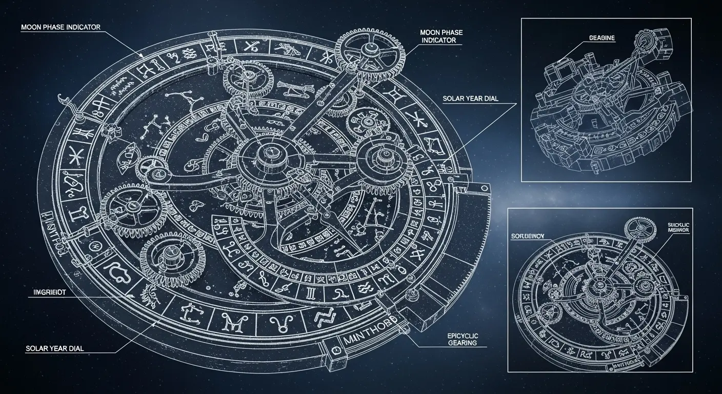 A detailed 3D reconstruction of the Antikythera mechanism, showing its intricate network of bronze gears and dials against a dark, mysterious background.