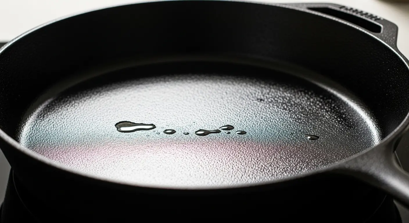 A close-up shot of a perfectly seasoned black cast iron skillet, its smooth, non-stick surface glistening under bright kitchen light.