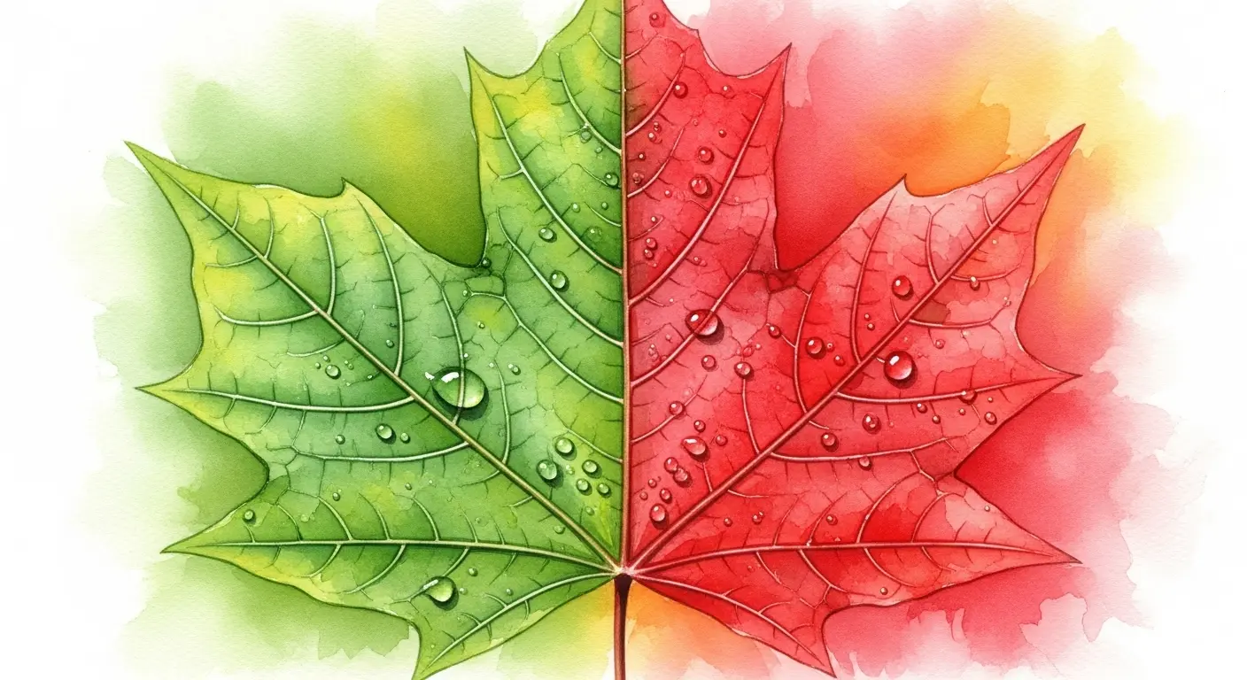 A detailed macro shot of a single maple leaf, half vibrant green and half brilliant red, capturing the seasonal transition of autumn color.