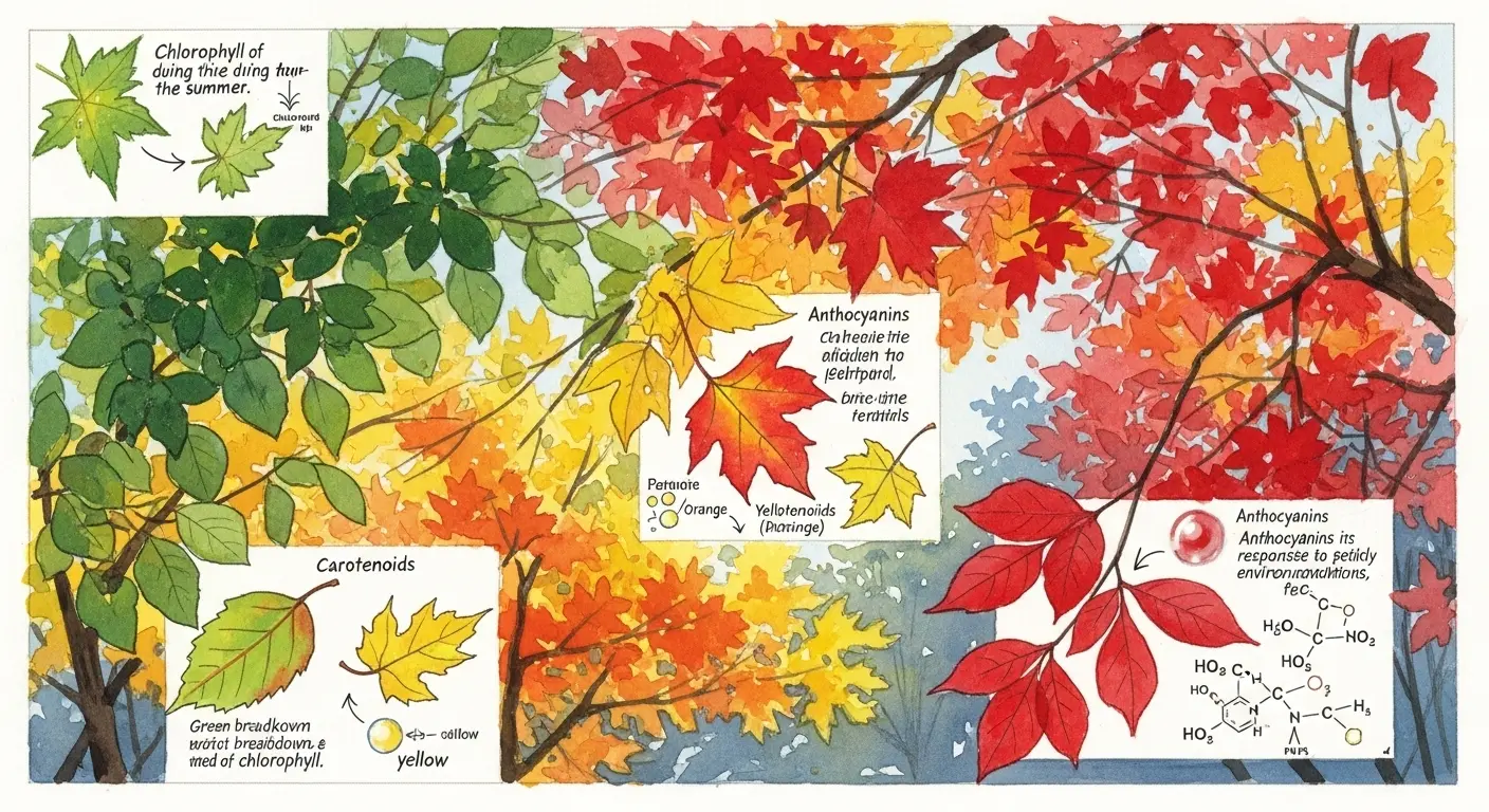 A vibrant canopy of autumn leaves in shades of red, orange, and yellow, illustrating the chemical reason why leaves change color in the fall.
