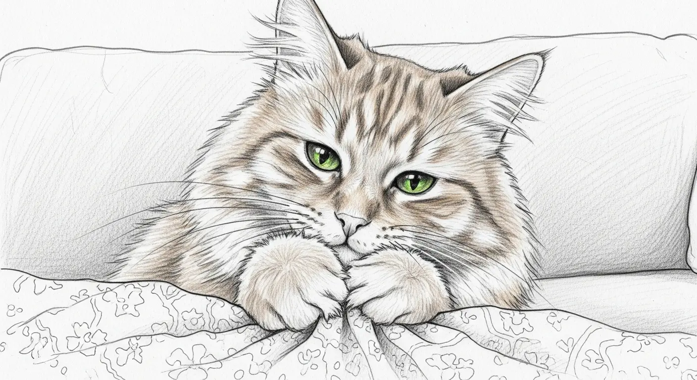 A contented fluffy orange cat with green eyes is kneading a soft, patterned blanket on a couch, purring softly.