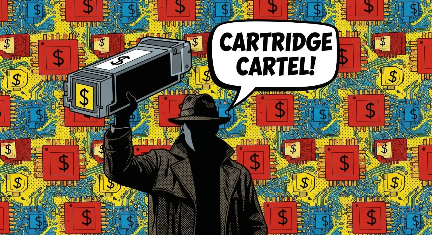 A dark, shadowy figure in a trench coat and fedora, holding up a ridiculously expensive printer ink cartridge, with a background of microchips and dollar signs, illustrating the 'Cartridge Cartel' conspiracy.