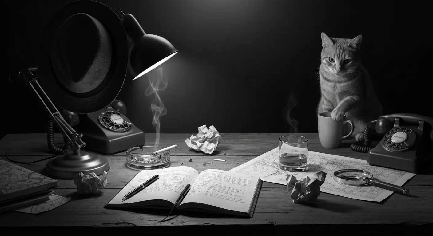 A noir-style, black and white photo of a detective's cluttered desk, where a mischievous ginger cat hovers its paw over a coffee mug, with a fedora hanging on a lamp.