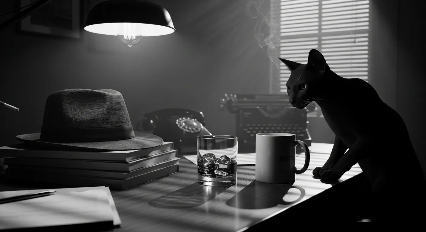 A black and white, film noir style image of a detective's desk with a fedora, a glass of whiskey, and a cat staring intently at a mug on the edge of the table.