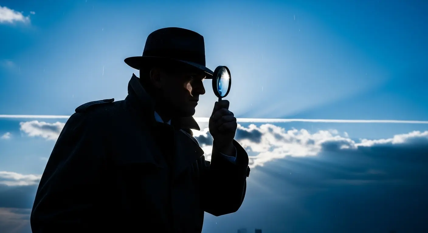 A hardboiled detective wearing a trench coat and fedora, silhouetted against a vibrant blue sky with scattered light rays, investigating the science of why the sky is blue.