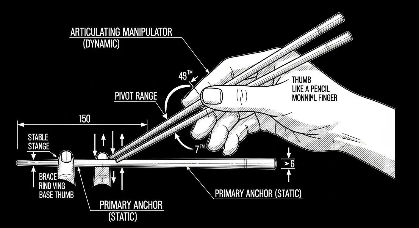 A detailed technical schematic illustrating the correct grip for chopsticks. The diagram shows a human hand, labeling the bottom 'Primary Anchor (Static)' chopstick and the top 'Articulating Manipulator (Dynamic)' chopstick, with vectors indicating finger placement and movement.