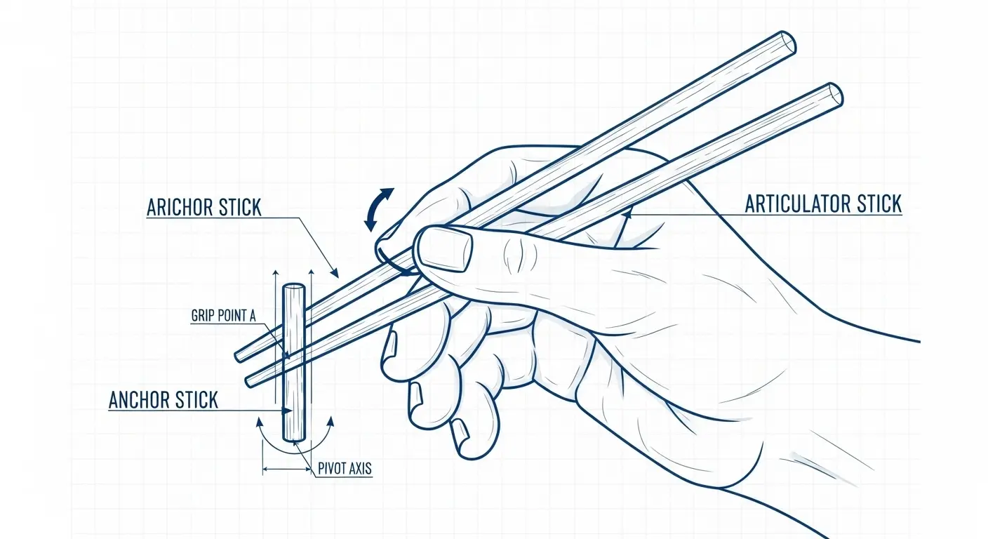 A close-up, tactical diagram showing the correct way to hold chopsticks, with labels pointing to the 'anchor stick' and 'articulator stick'.