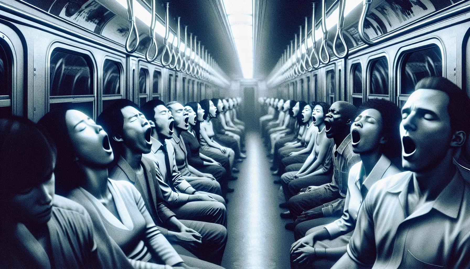 Surreal cinematic scene of a chain of people yawning in a dimly lit subway car, illuminated by cool blue light with subtle digital glitch artifacts and 35mm film grain, showcasing expressive faces conveying empathy and fatigue.