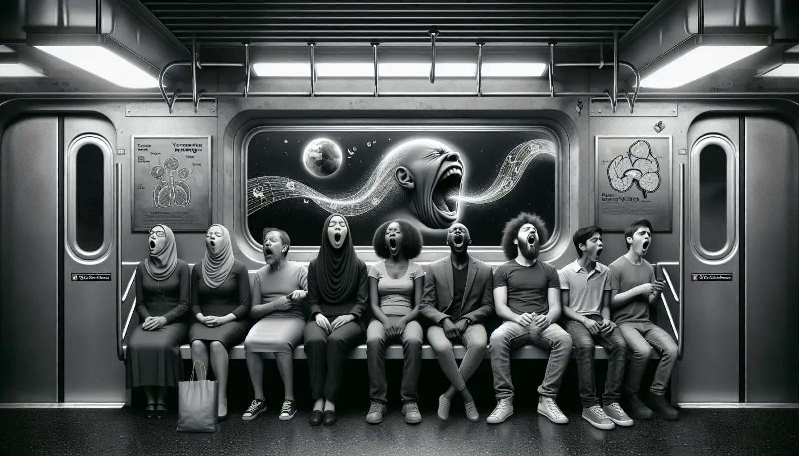 surreal cinematic scene of contagious yawning in a subway illustrating why do we yawn brain cooling and social empathy