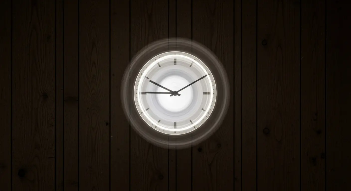 An old office clock on a dark wood wall, its spinning hands blurred into a perfect circle of light from a long exposure.