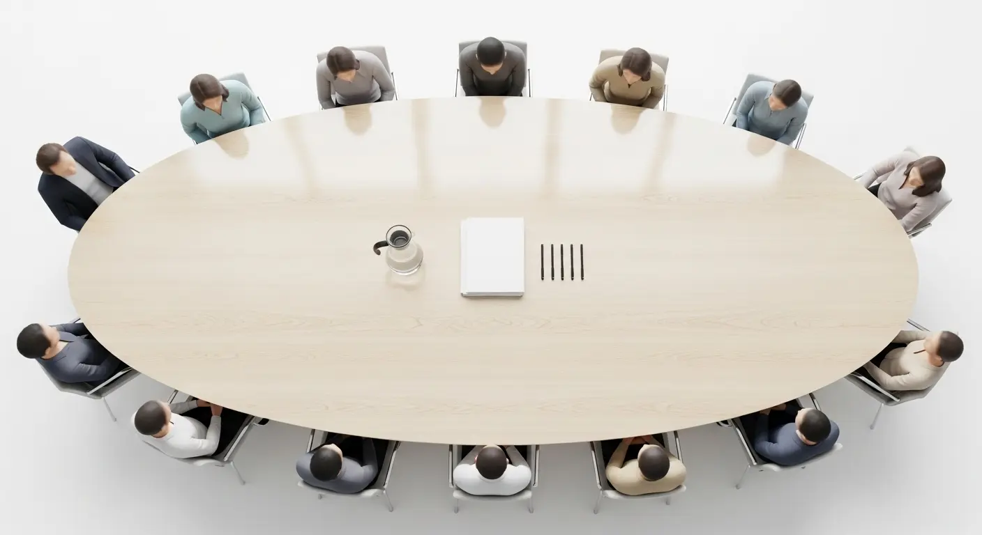 A conference room table viewed from above, with blurred figures of people sitting around it, suggesting an endless, looping meeting.