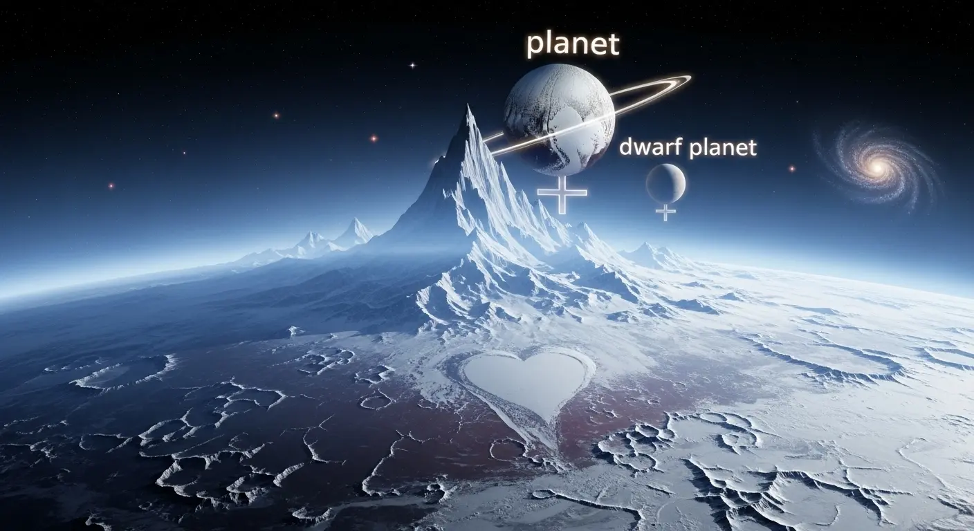 An artistic rendering of Pluto, shown as a complex world with icy mountains and a thin atmosphere, set against the blackness of space, illustrating the debate over whether Pluto is a planet.