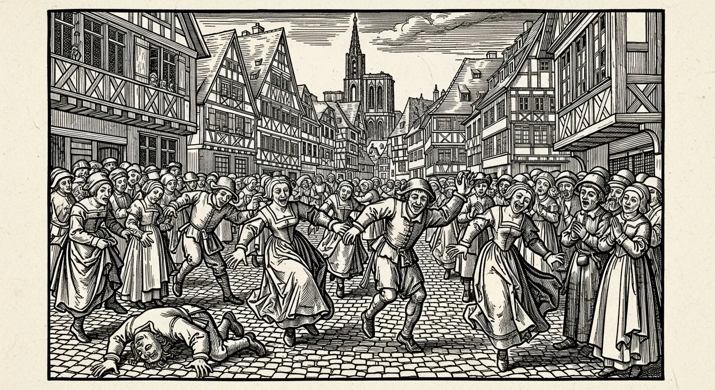 A historical woodcut illustration depicting people dancing manically in the streets during the Dancing Plague of 1518 in Strasbourg.