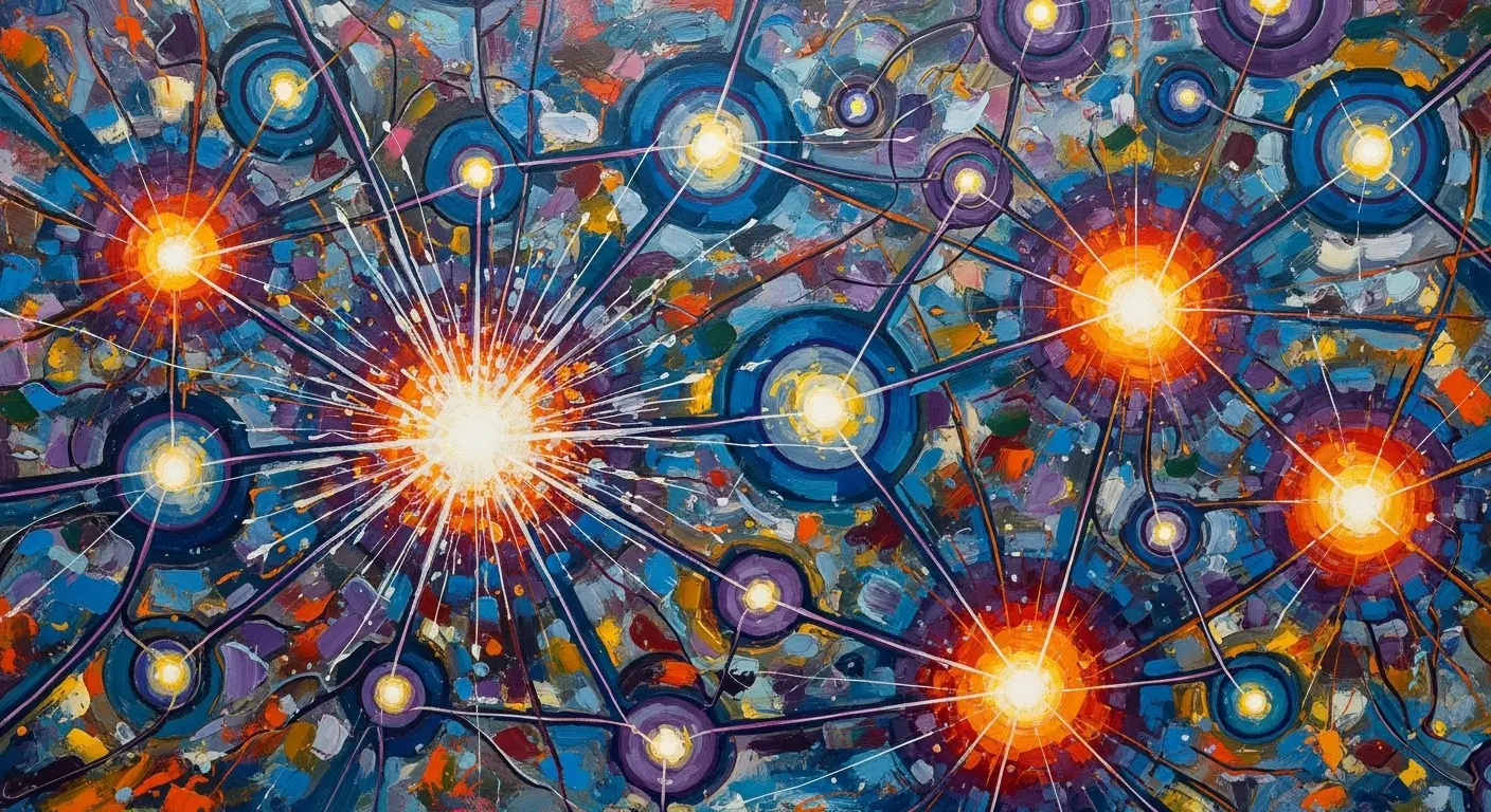 Abstract visualization of interconnected glowing data nodes in a neural network, symbolizing memories.