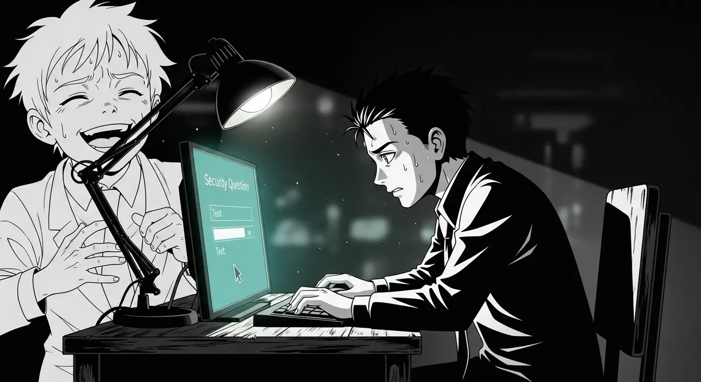 A noir-style illustration of a stressed person sweating over a security question on a glowing computer screen, haunted by the laughing ghost of their younger self.