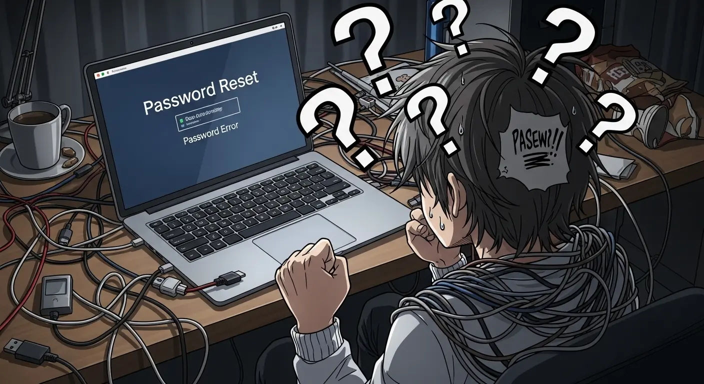 A frustrated person staring at a laptop screen displaying a password reset error message, surrounded by tangled cables and question marks.