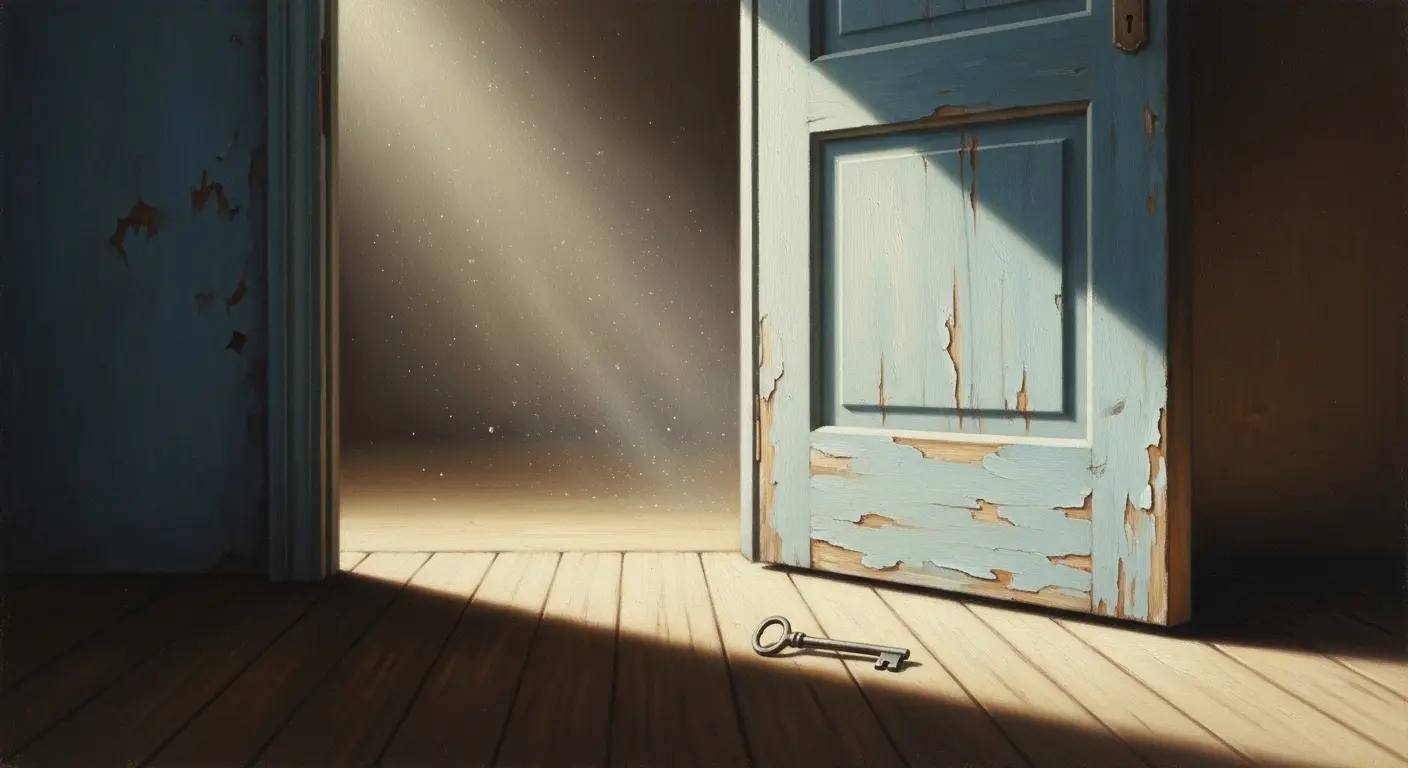 A soft-focus view through an empty doorway as bright light streams into another room, evoking a nostalgic and dreamlike atmosphere.