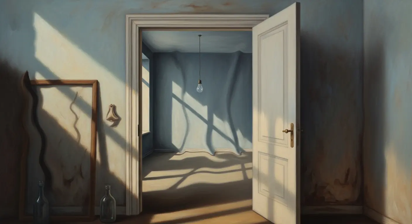 A slightly out-of-focus view through an open doorway into an empty room, symbolizing the doorway effect and the fleeting nature of human memory.