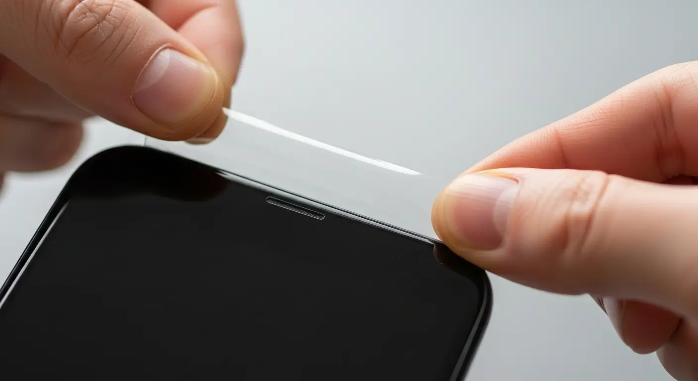 A satisfying, artistic close-up of hands peeling the protective plastic film from a new smartphone, revealing the pristine, untouched screen underneath.