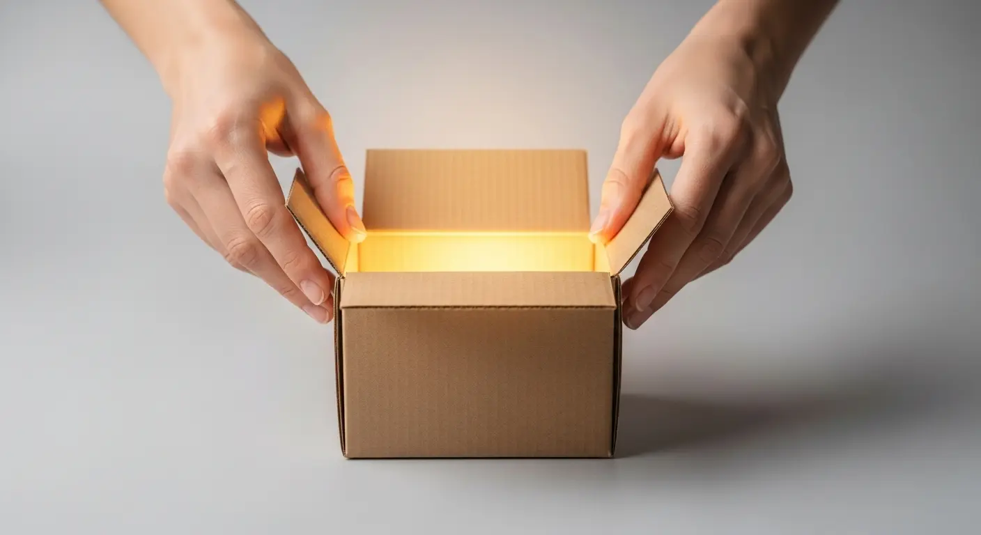 A pair of hands carefully opening a plain cardboard box, with a soft, glowing light emanating from within, symbolizing the magic of unboxing videos.