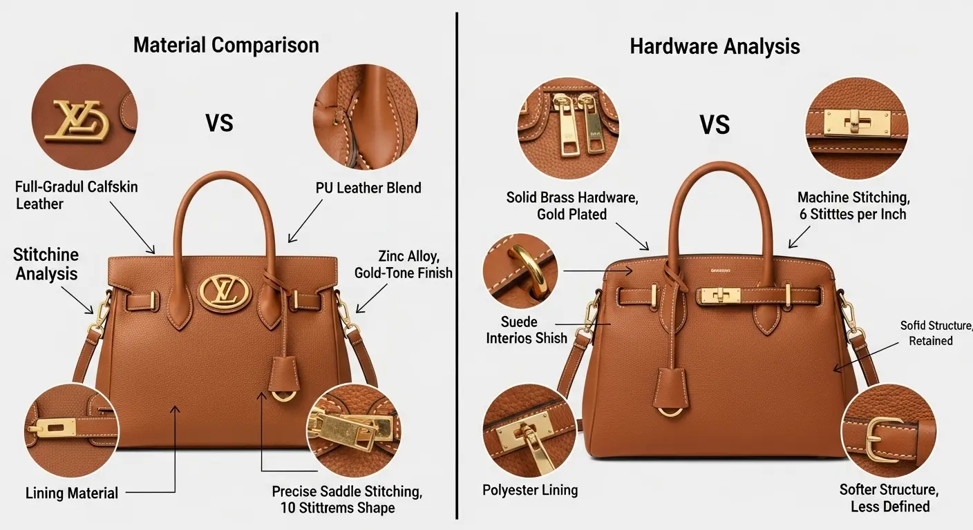 An analytical, grid-like comparison of a luxury handbag and its more affordable dupe, with data points and annotations highlighting differences in material and hardware.