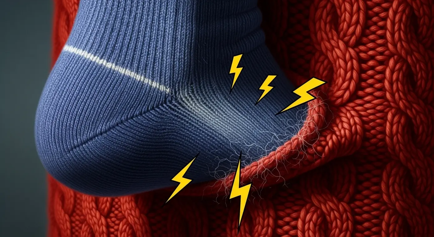 A macro close-up of a blue sock clinging to a red wool sweater, with cartoon lightning bolts illustrating the effect of static electricity.