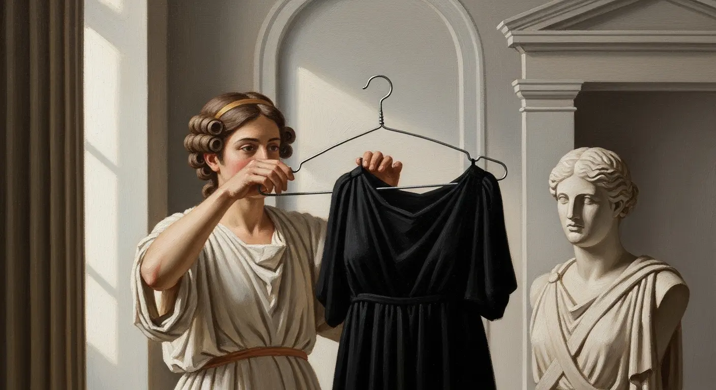 A person running a wire coat hanger over a black dress to demonstrate how to get rid of static cling.