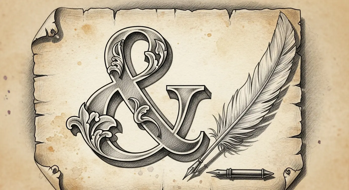 Close-up of a beautifully rendered ampersand symbol, showing its flowing curves and historical forms, against a background of aged parchment and a quill pen.