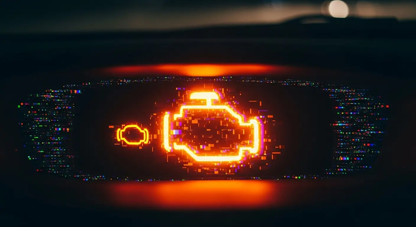 An illuminated orange check engine light symbol glowing on a car's dashboard at night, creating an ominous and anxious mood.