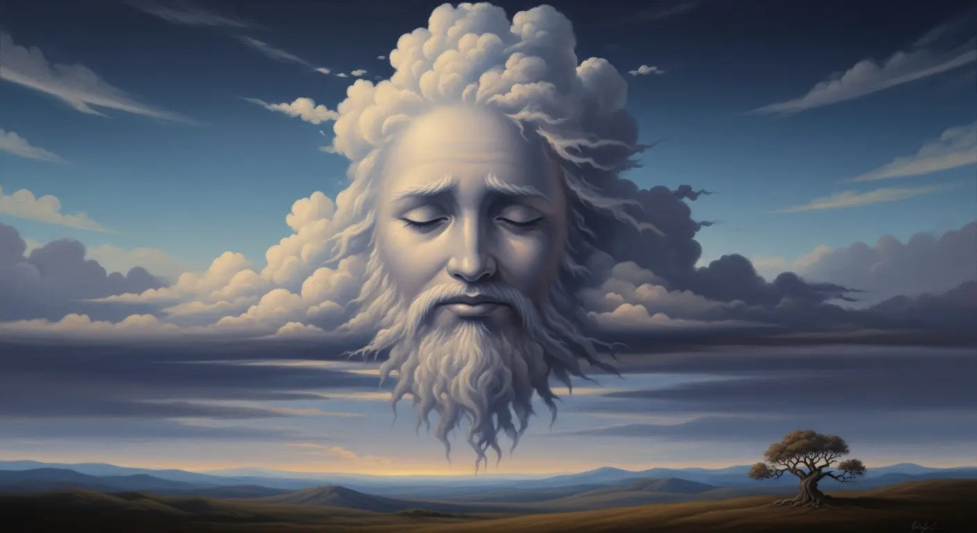 A whimsical cloud formation resembling a human face, with a soft, ethereal glow, against a vast, melancholic sky.