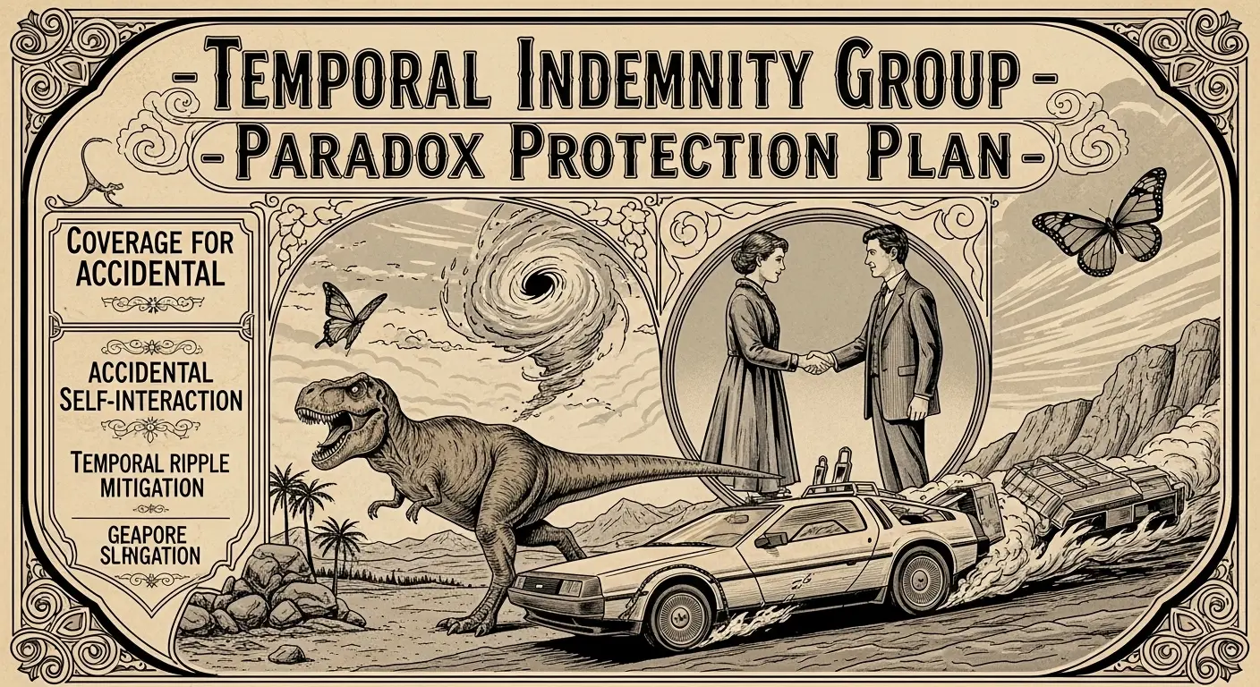 A vintage, sepia-toned insurance policy document titled 'Temporal Indemnity Group - Paradox Protection Plan,' with ornate borders and illustrations depicting time travel scenarios like a T-Rex chasing a DeLorean and the butterfly effect.