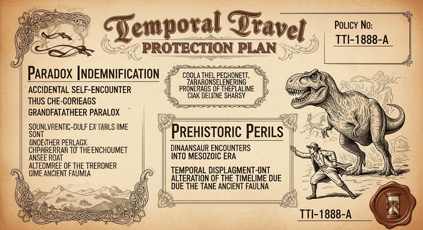 A vintage-style time travel insurance policy document, showing clauses for paradoxes and dinosaur encounters, symbolizing the forgotten history of insuring against temporal travel.