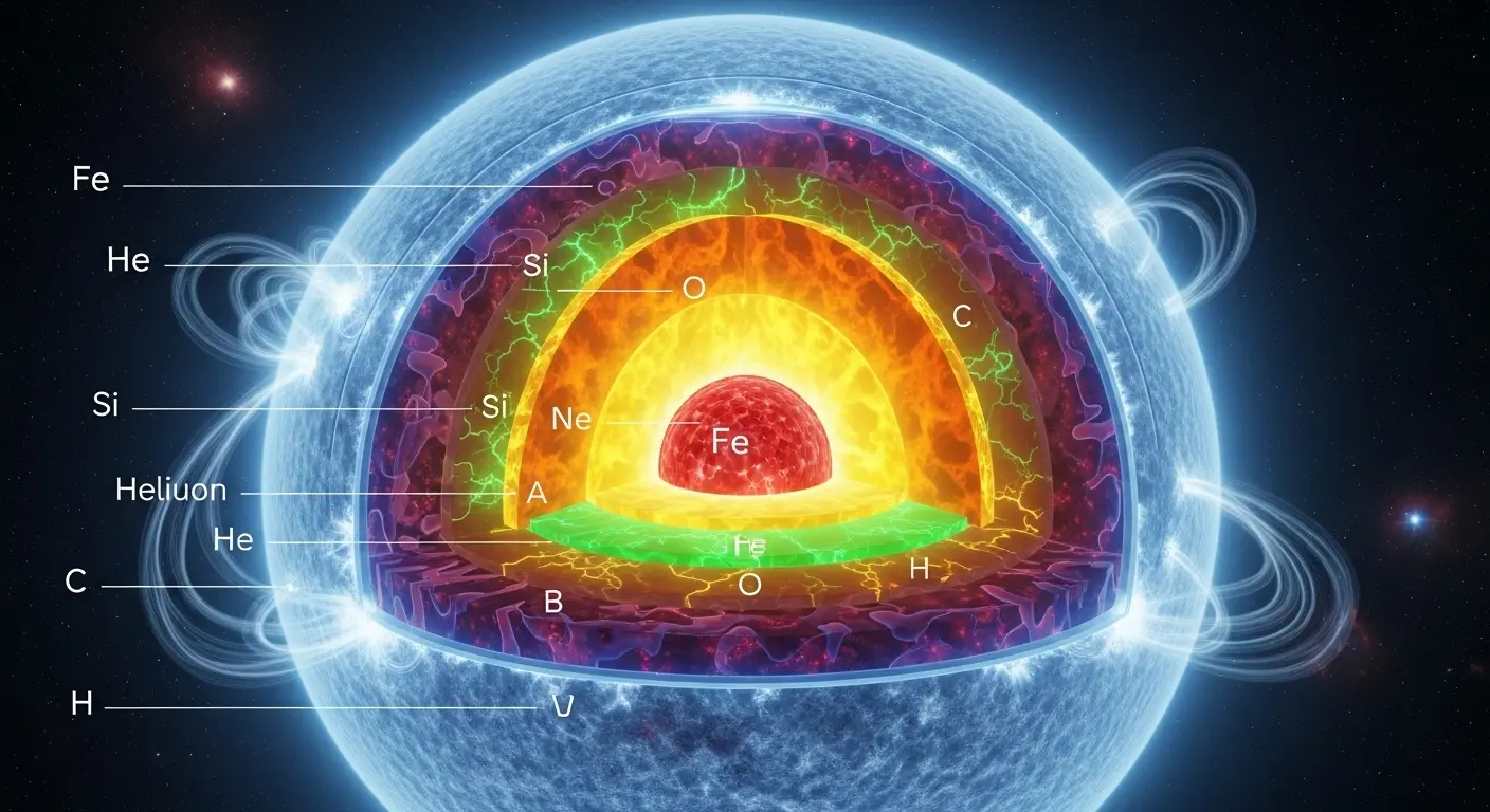 Cross-section diagram of a massive star before a supernova, illustrating its onion-like structure with a central iron core and concentric shells of silicon, oxygen, neon, carbon, helium, and an outer hydrogen envelope.