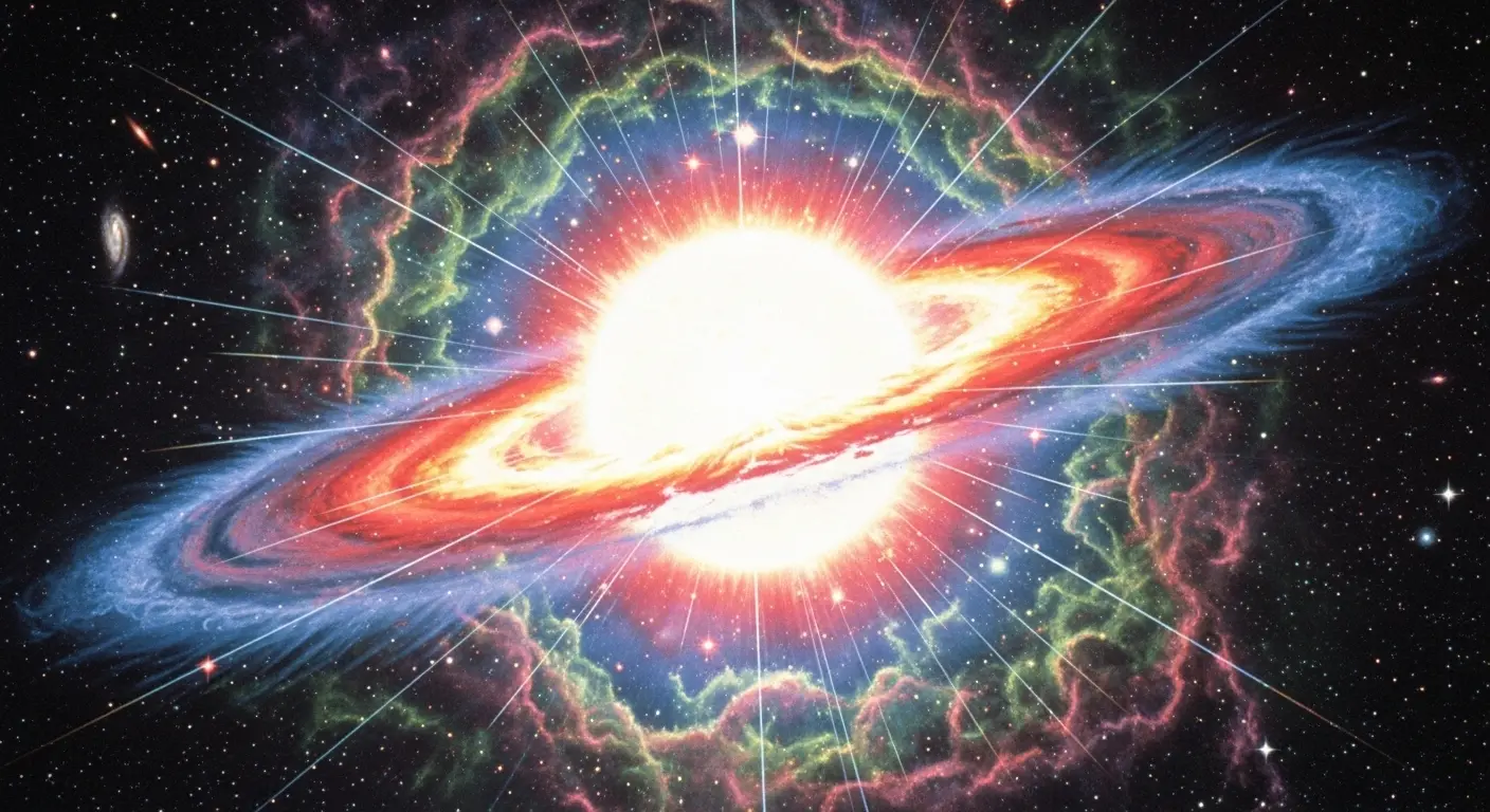 An artist's conception of a supernova explosion, showing a massive star erupting in a brilliant burst of light and color, with cosmic dust and gas clouds expanding outwards into space.