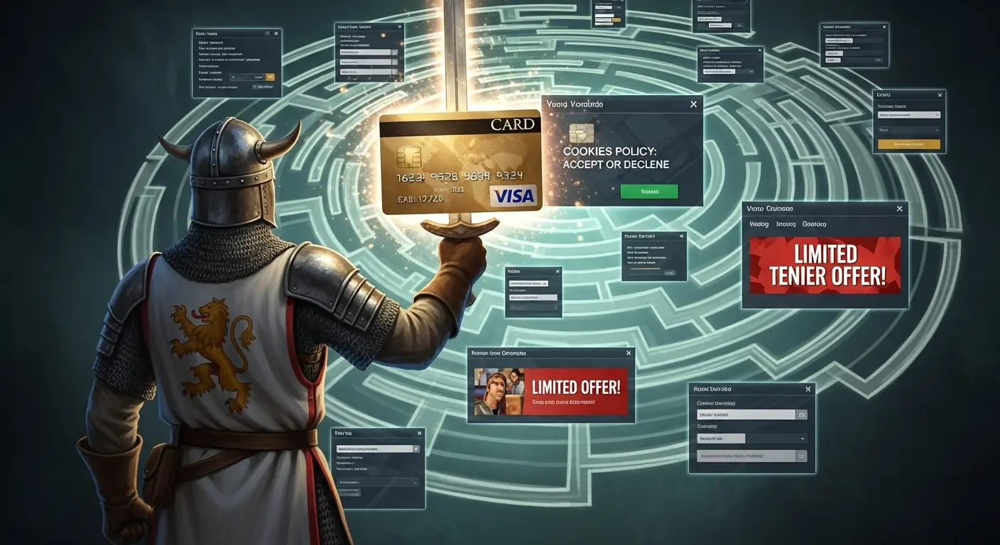 A medieval fantasy hero in chainmail armor confronts a confusing maze of glowing website menus, holding a glowing credit card up like a sword.