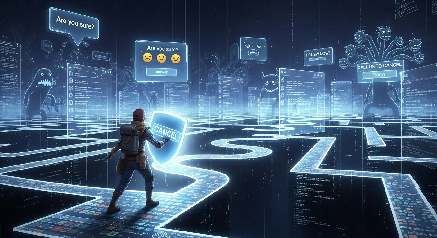 A hero on an epic quest, representing a user learning how to cancel subscription services, navigating a digital labyrinth of confusing menus and pop-ups.
