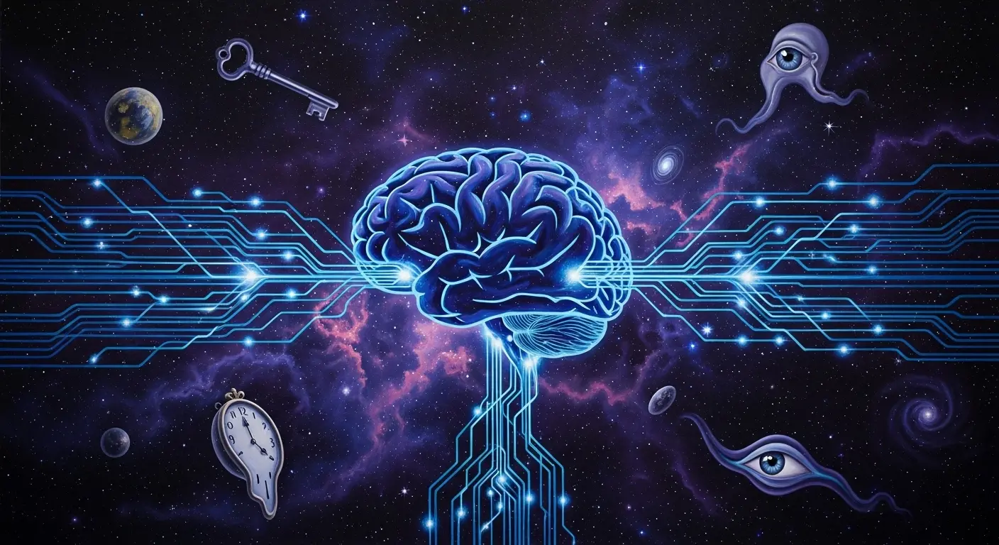 An artistic representation of REM sleep, showing a stylized human brain with neural pathways lighting up like a circuit board amidst a dark, starry background.