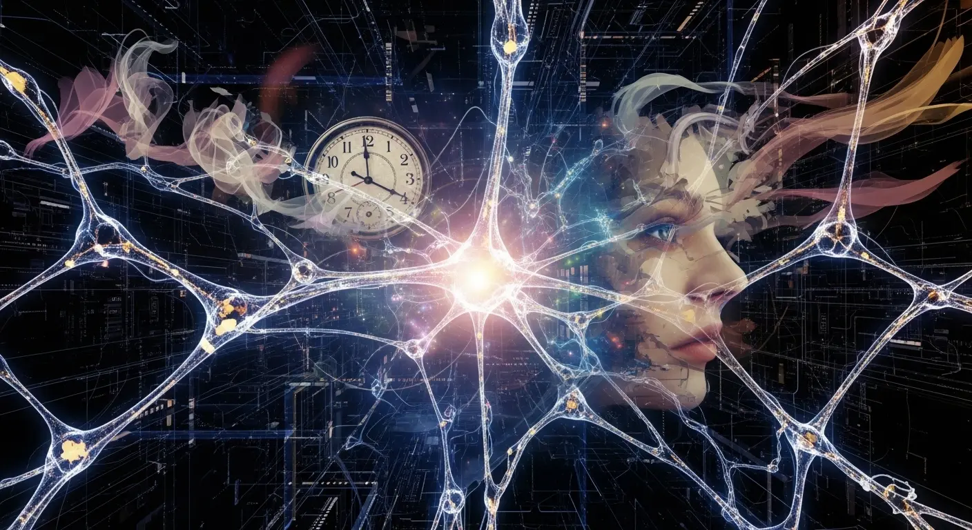 Abstract digital artwork of glowing neural pathways with fragmented, dream-like images of a floating clock and a dissolving face against a dark, moody circuit-board background.