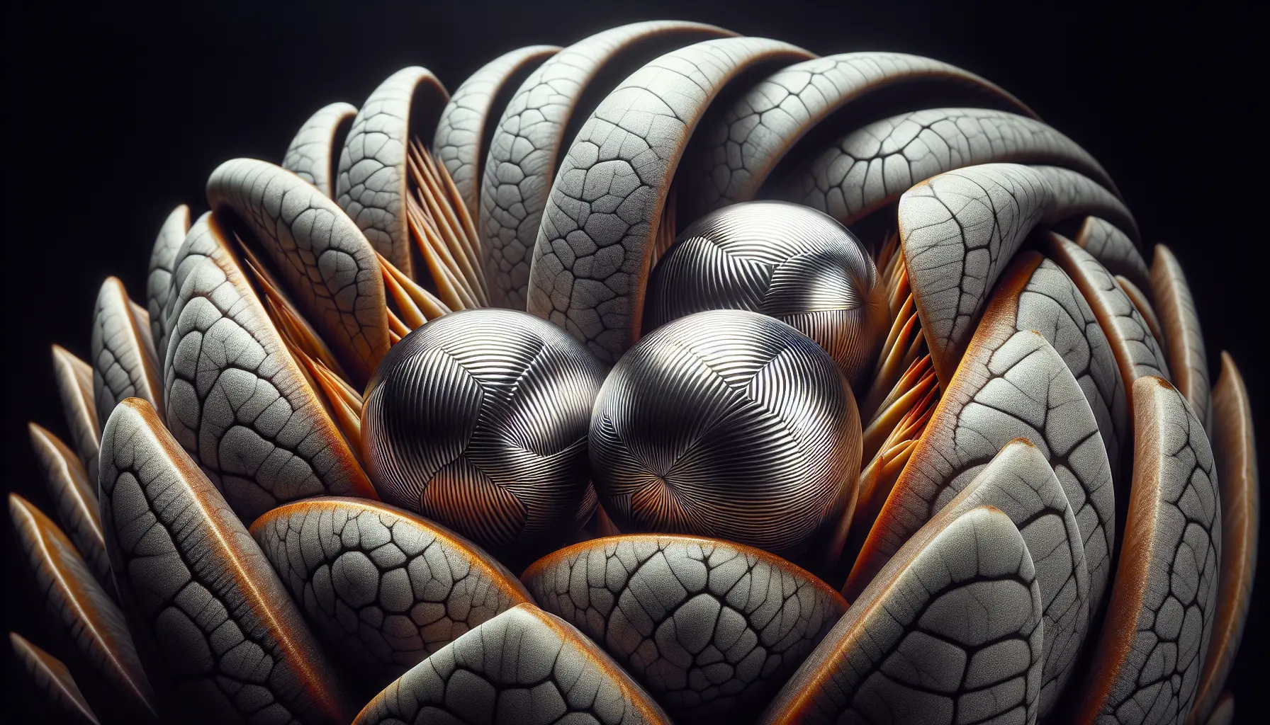Macro photo of Klerksdorp spheres with parallel grooves on metallic surfaces, resting on a miner's palm, against a South African pyrophyllite background, high-detail studio lighting.