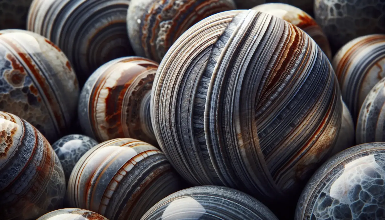 Close-up of Klerksdorp spheres with parallel grooves in South African pyrophyllite, showing iron-rich mineral surfaces and natural concentric banding