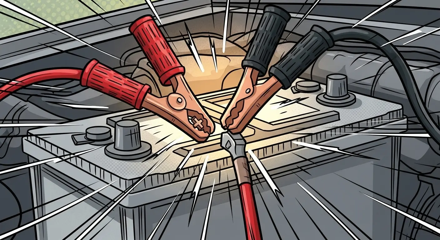 Red and black jumper cables correctly connected to a car battery: red to the positive terminal, black to the negative terminal.