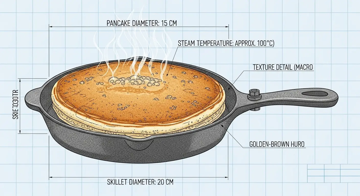 A high-detail, close-up photo of a single, perfectly golden-brown pancake with visible texture cooking in a cast-iron skillet, with delicate steam rising from its surface.