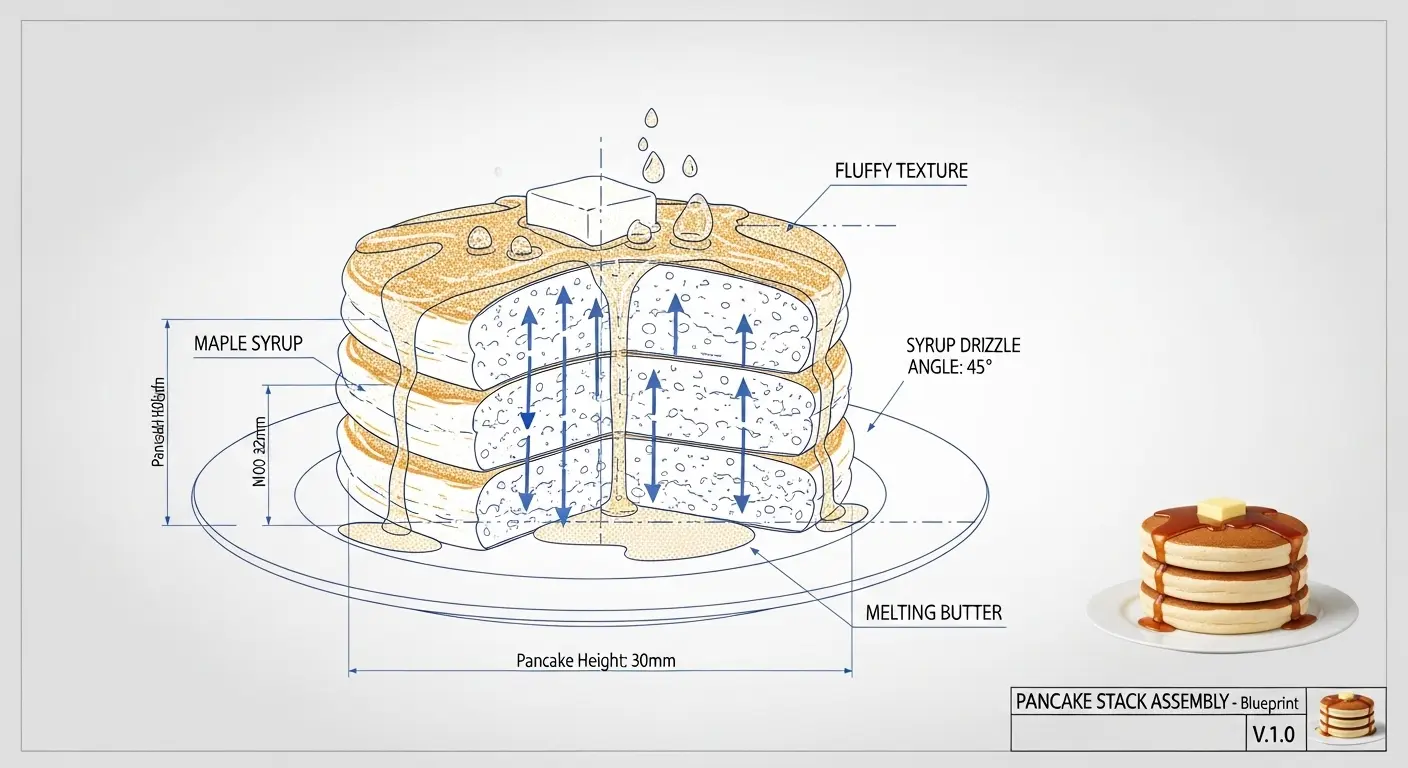 A stack of fluffy, golden-brown pancakes on a white plate, drizzled with maple syrup and topped with a pat of melting butter.