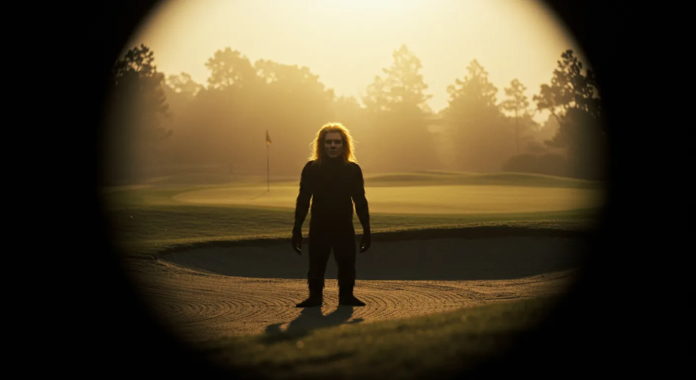A blurry, Bigfoot-style photo of a figure resembling Donald Trump with a golden mane, silhouetted against a golf course sand trap at dawn.