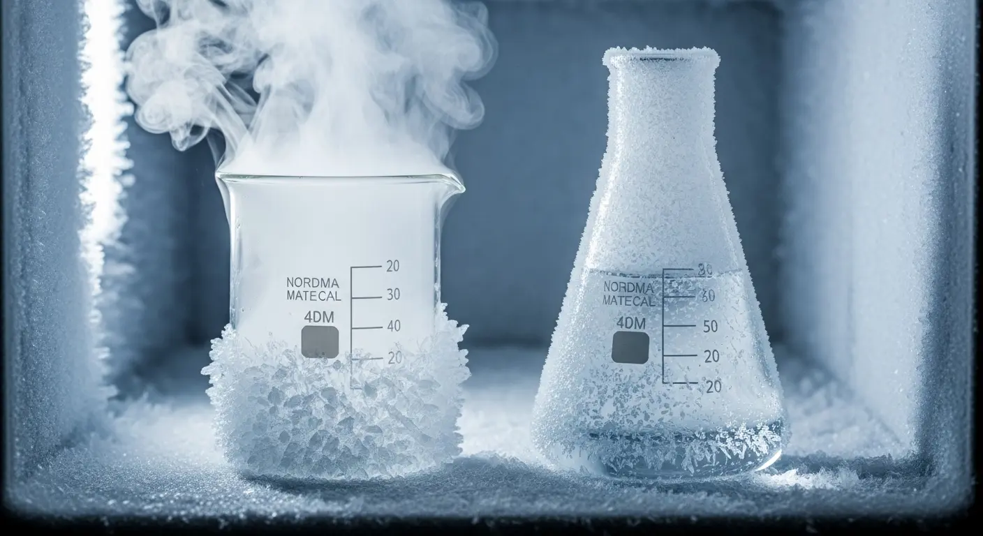 Two glass beakers, one with steaming hot water and one with cold water, sit side-by-side in a frosty freezer, illustrating the Mpemba effect experiment.