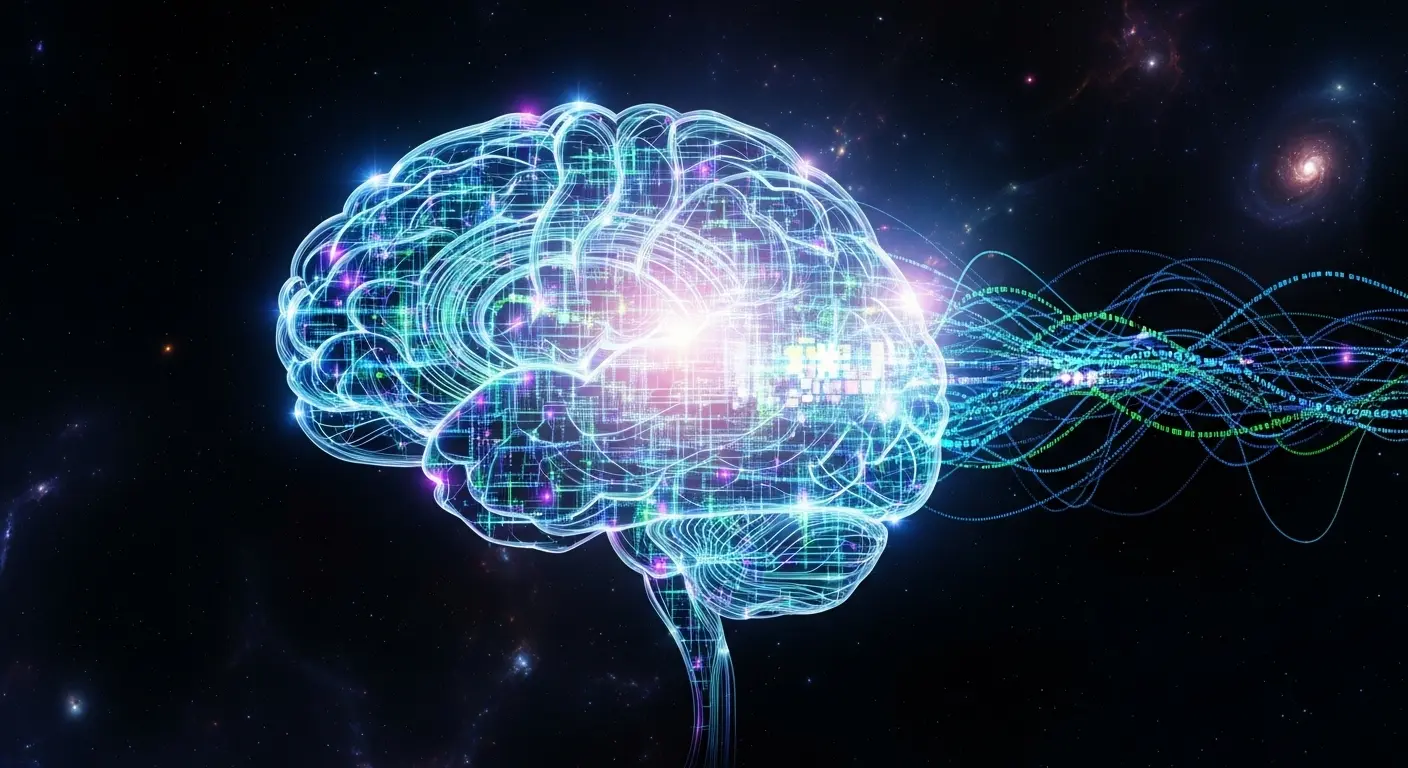Abstract digital illustration of a human brain formed by glowing circuits and data streams against a starry night sky, symbolizing the concept of dreaming as a nightly simulation.