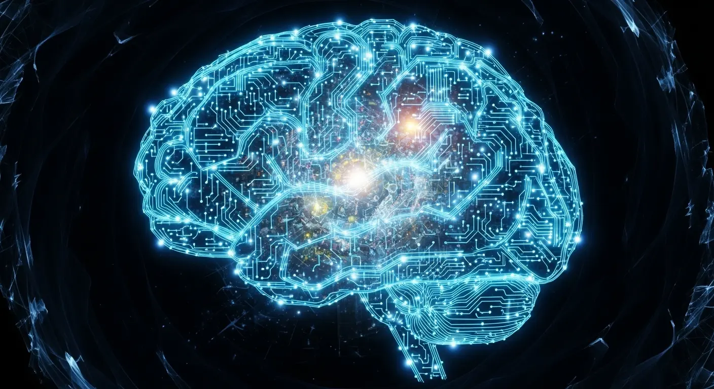 A conceptual image of a human brain made of glowing blue circuit pathways, symbolizing an AI's analysis of why we dream.