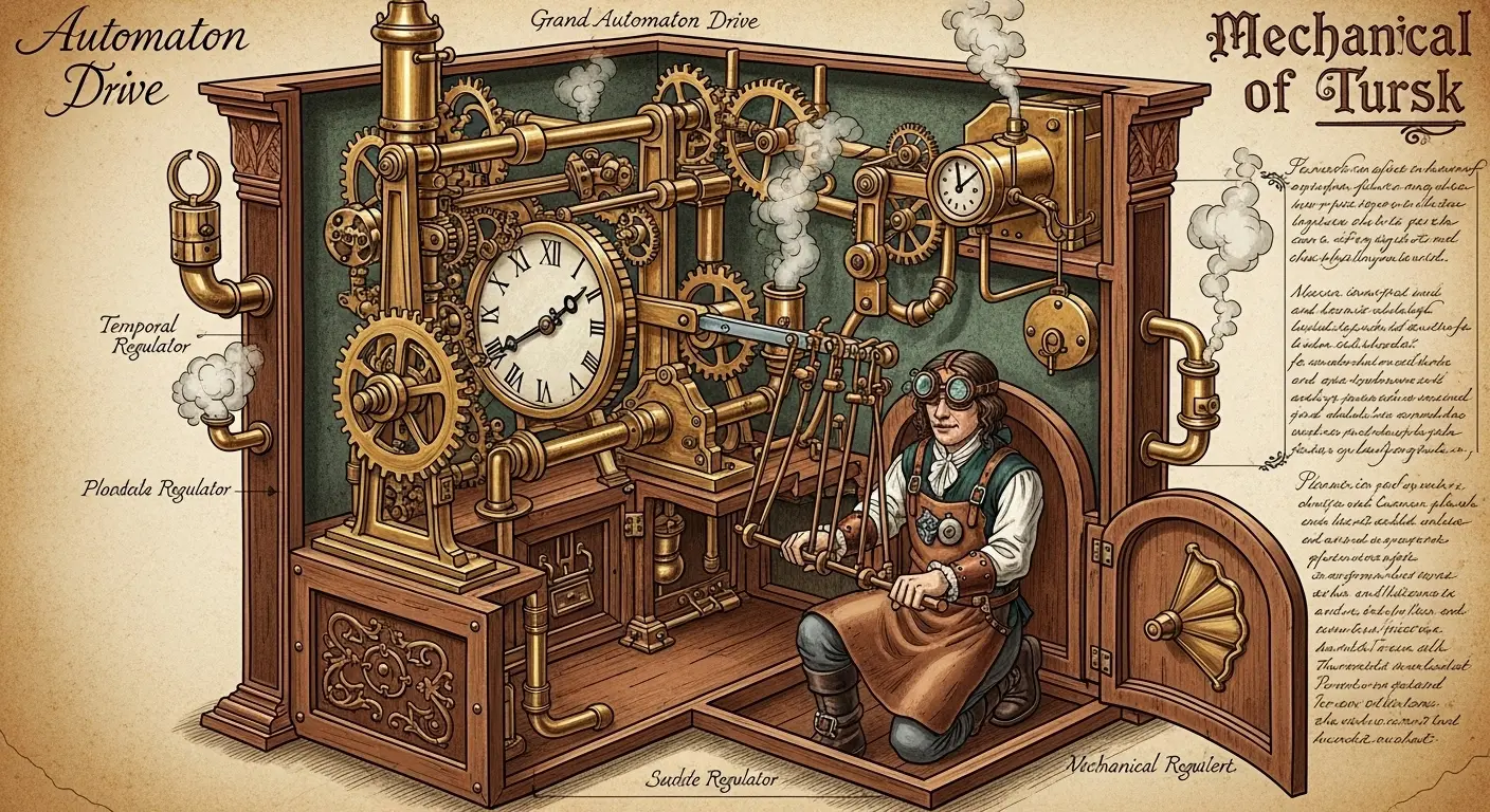 An 18th-century cutaway diagram of the Mechanical Turk, revealing the secret of the chess-playing automaton: a hidden human operator concealed within the cabinet among fake clockwork.