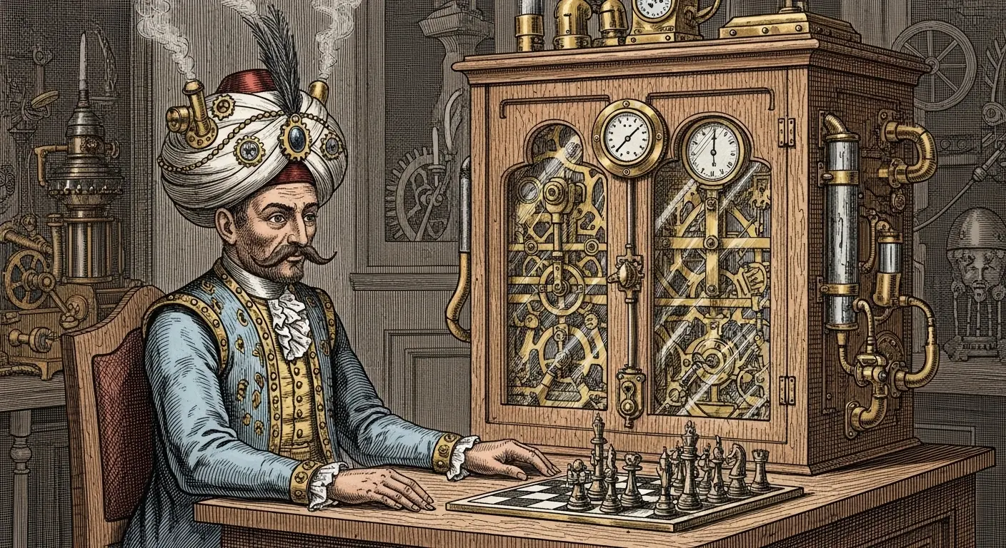 An 18th-century illustration of the Mechanical Turk automaton, a life-sized figure in Turkish attire seated at a large wooden cabinet with a chessboard on top.